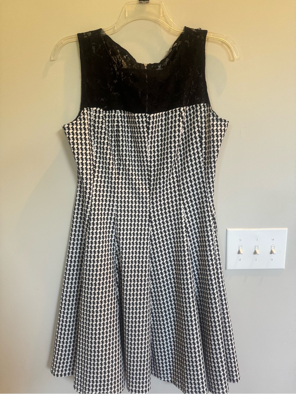 Danny & Nicole Black Lace Yoke Houndstooth Fit-and-Flare Dress